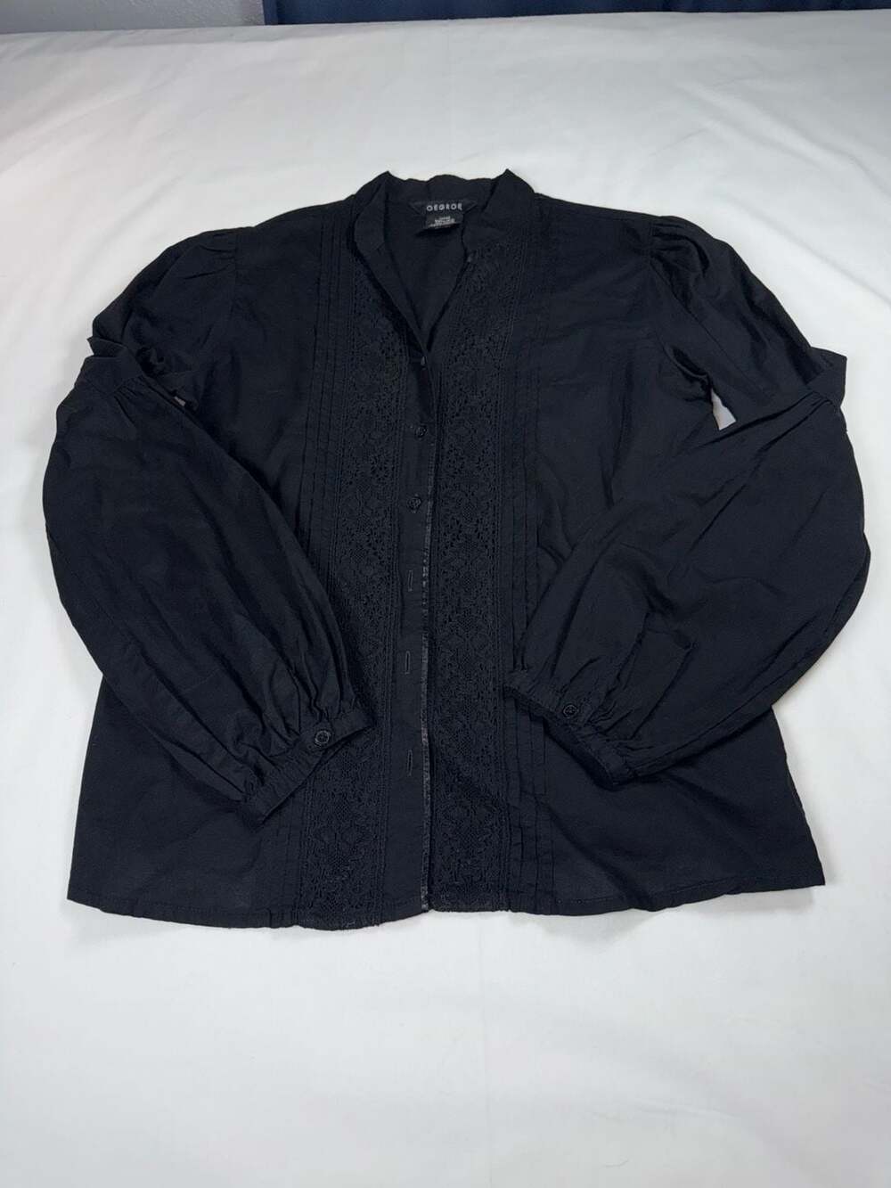 George Button-Up Blouse Size Small (4/6) Black Lace Trim Cotton